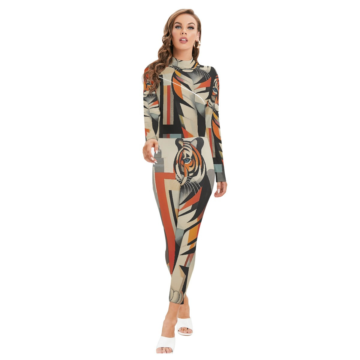 All-Over Print Women's Long-sleeved High-neck Jumpsuit With Zipper