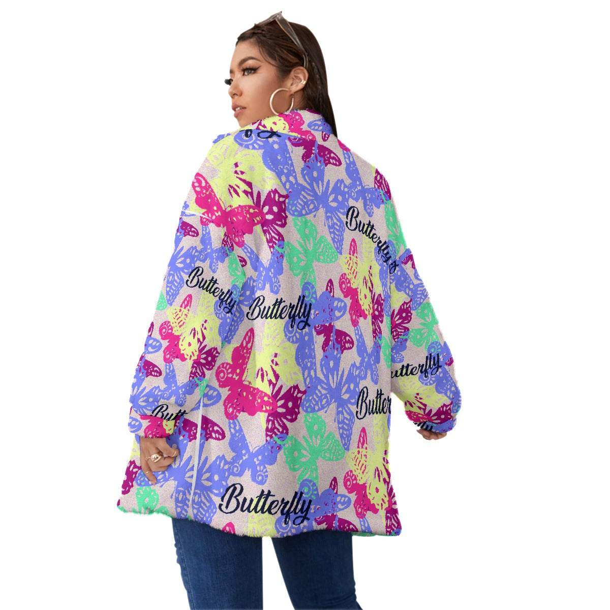 All-Over Print Unisex Borg Fleece Stand-up Collar Coat With Zipper Closure(Plus Size)