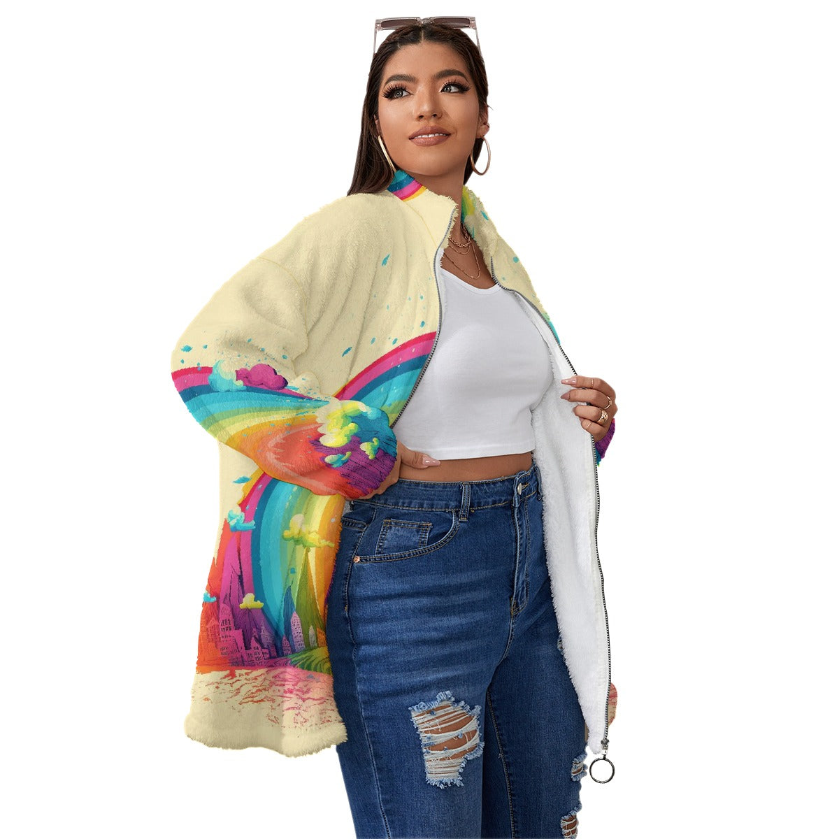 All-Over Print Unisex Borg Fleece Stand-up Collar Coat With Zipper Closure(Plus Size)