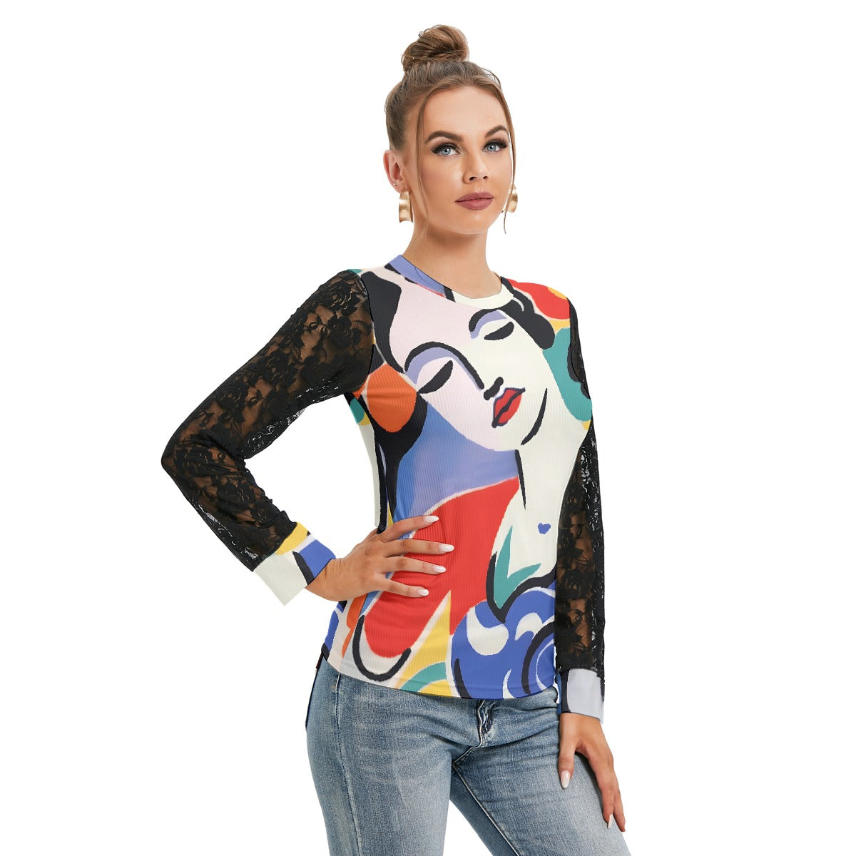 All-Over Print Women's T-shirt And Sleeve With Black Lace