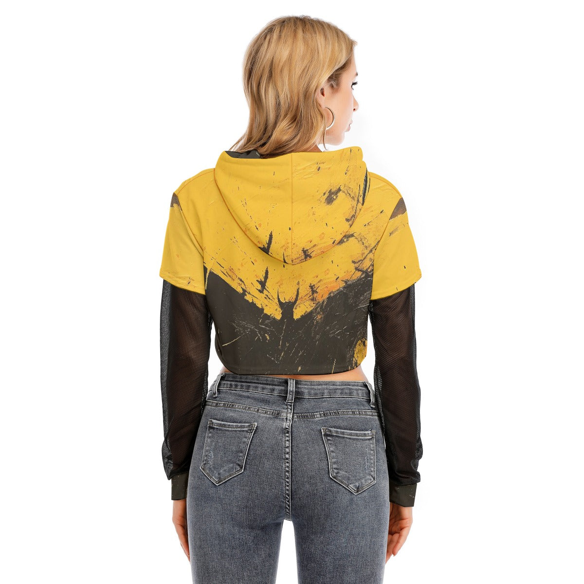 All-Over Print Women's Fake Two-piece Mesh Sleeve Cropped Hoodie
