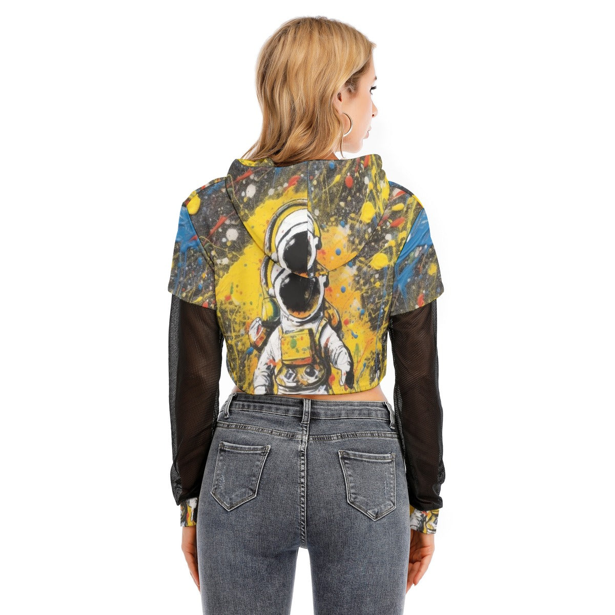 All-Over Print Women's Fake Two-piece Mesh Sleeve Cropped Hoodie