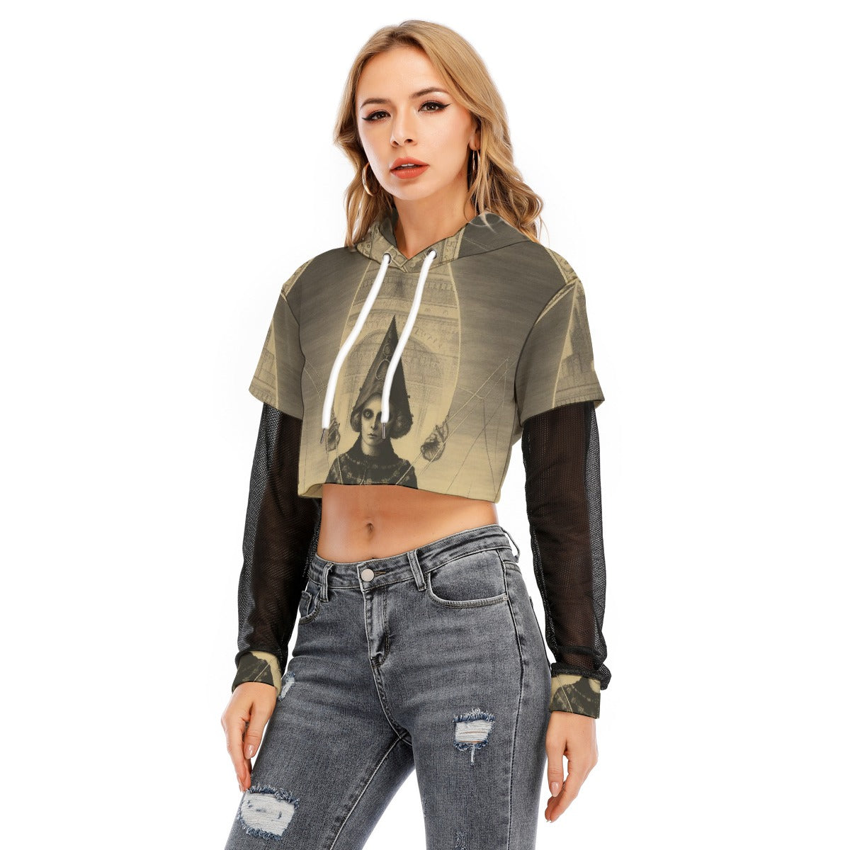 All-Over Print Women's Fake Two-piece Mesh Sleeve Cropped Hoodie