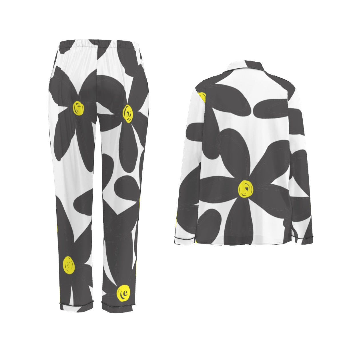 All-Over Print Women's Long Sleeve Pajama Set With Black Contrast Piping