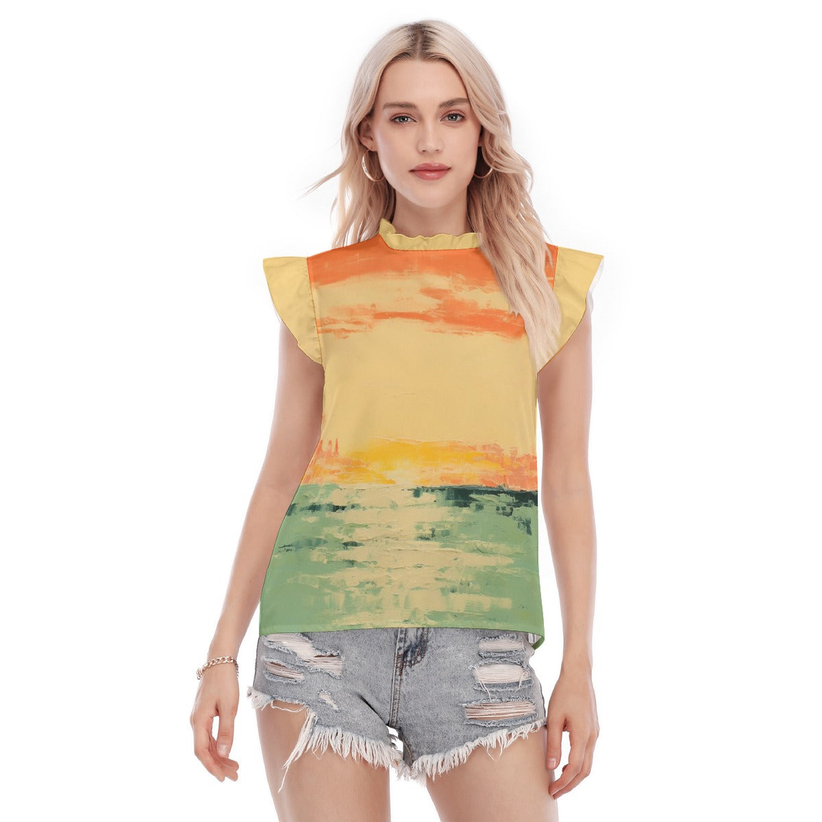 All-Over Print Women's Blouse With Ruffle Collar And Sleeve