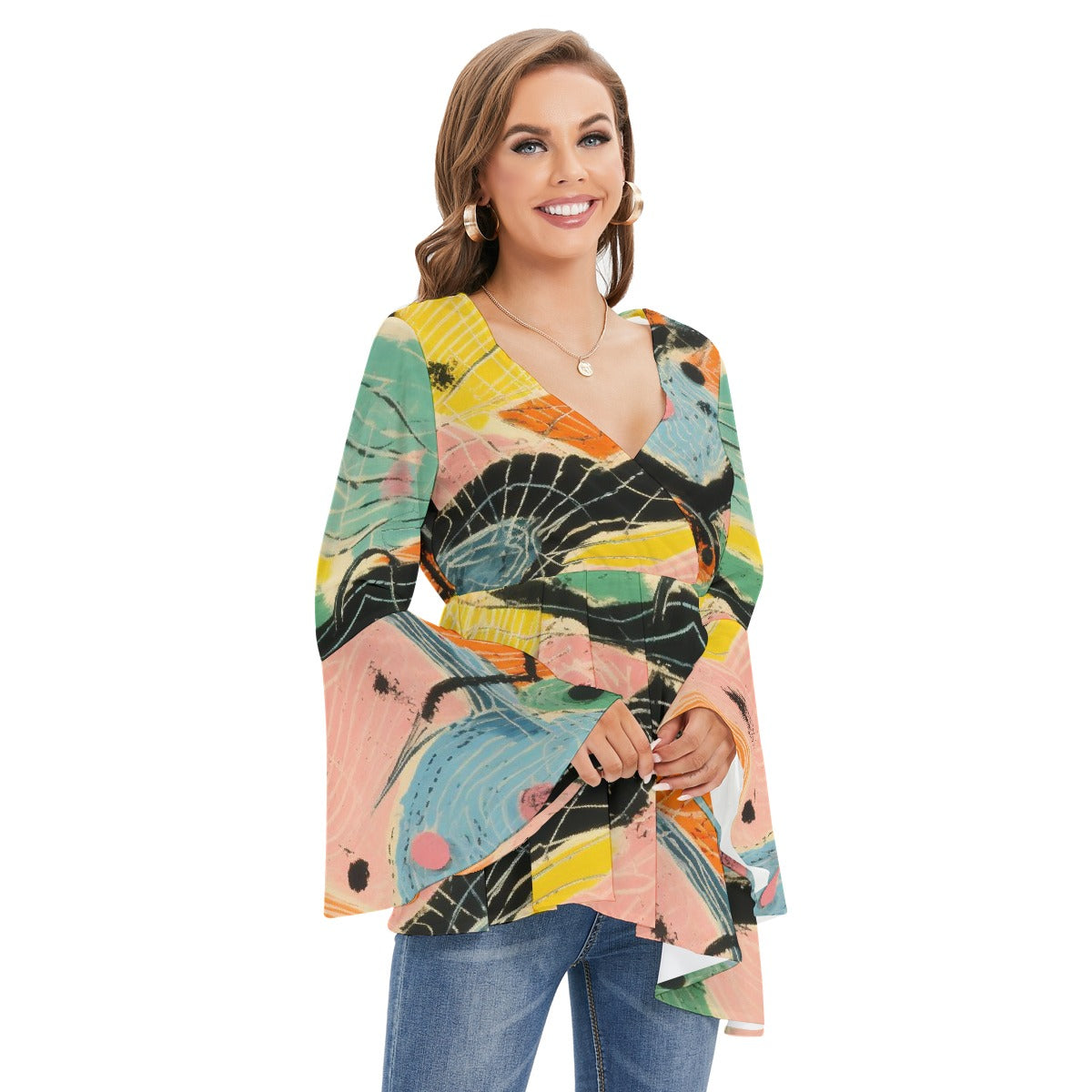 All-Over Print Women's V-neck Blouse With Flared Sleeves