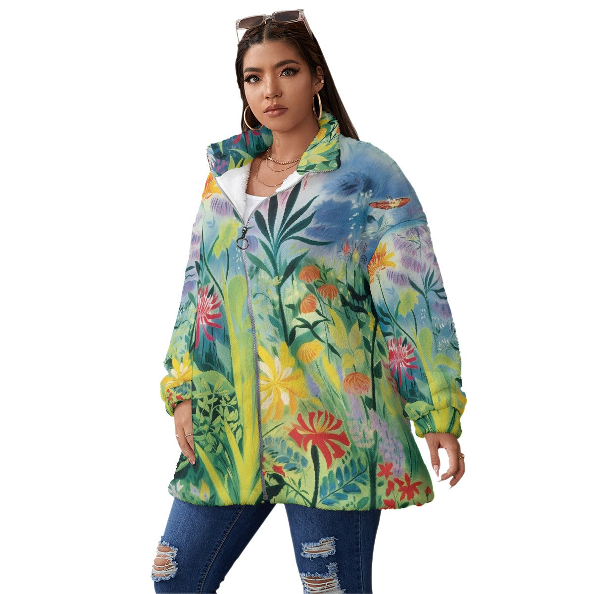 All-Over Print Unisex Borg Fleece Stand-up Collar Coat With Zipper Closure(Plus Size)