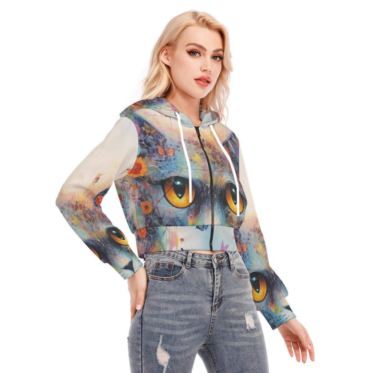 All-Over Print Women's Crop Top Hoodie With Zipper Closure