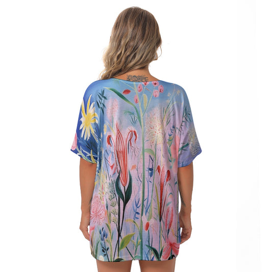 All-Over Print Women's Bat Sleeves V-Neck Blouse