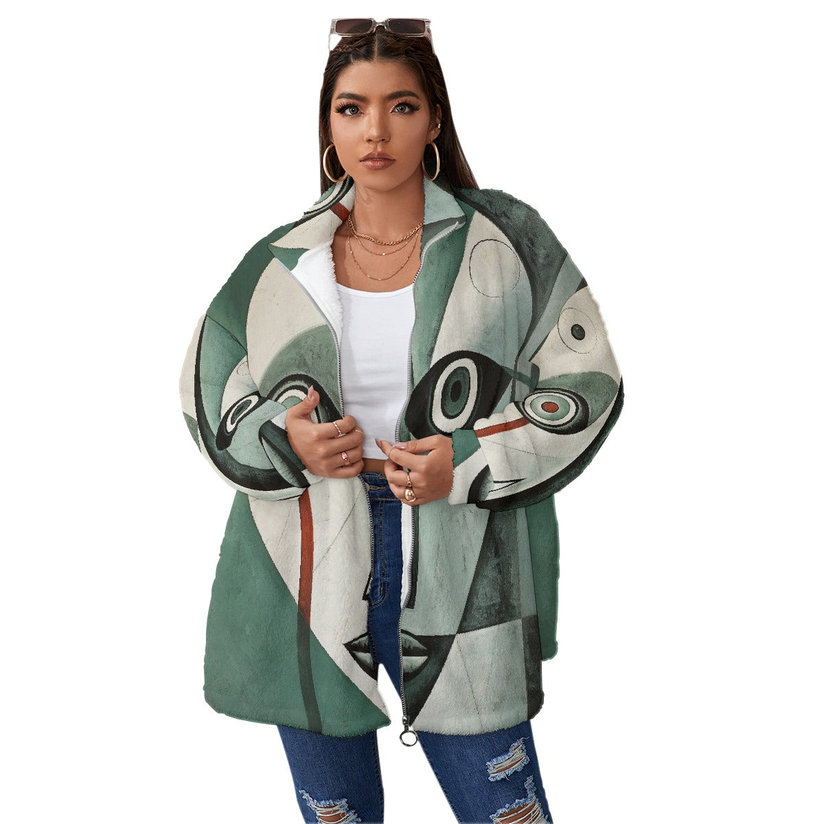 All-Over Print Unisex Borg Fleece Stand-up Collar Coat With Zipper Closure(Plus Size)