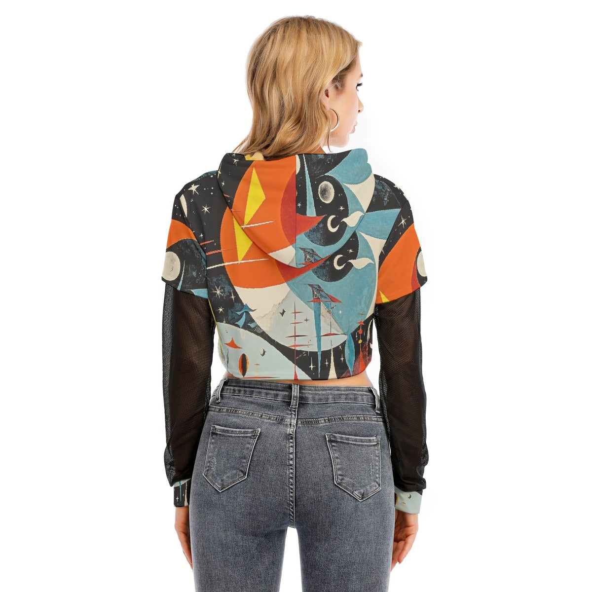 All-Over Print Women's Fake Two-piece Mesh Sleeve Cropped Hoodie
