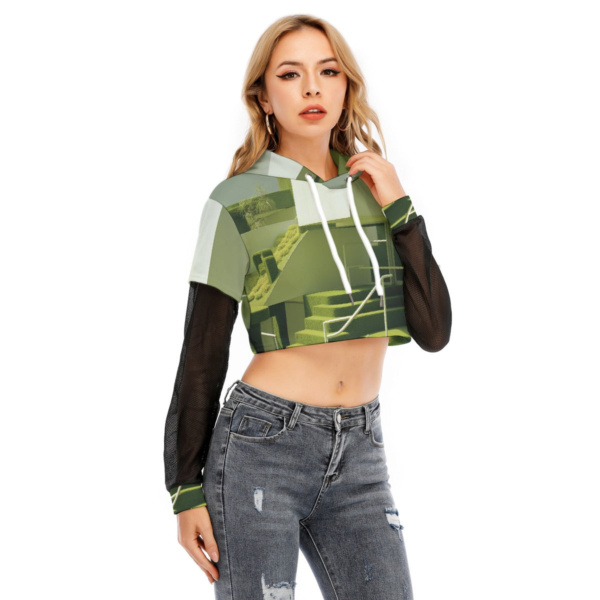 All-Over Print Women's Fake Two-piece Mesh Sleeve Cropped Hoodie