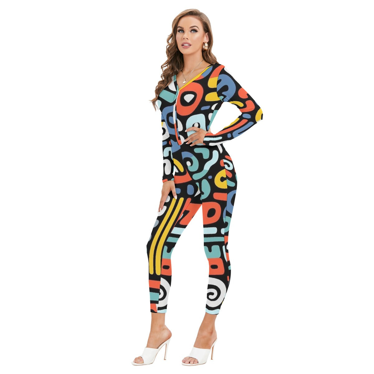 All-Over Print Women's Plunging Neck Jumpsuit