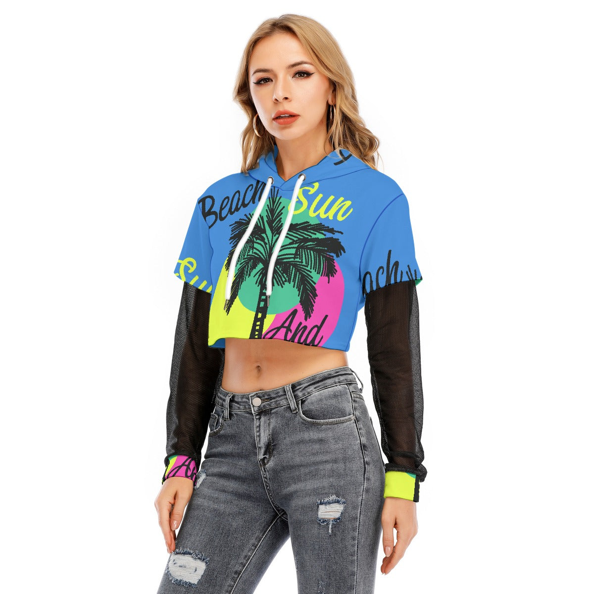 All-Over Print Women's Fake Two-piece Mesh Sleeve Cropped Hoodie