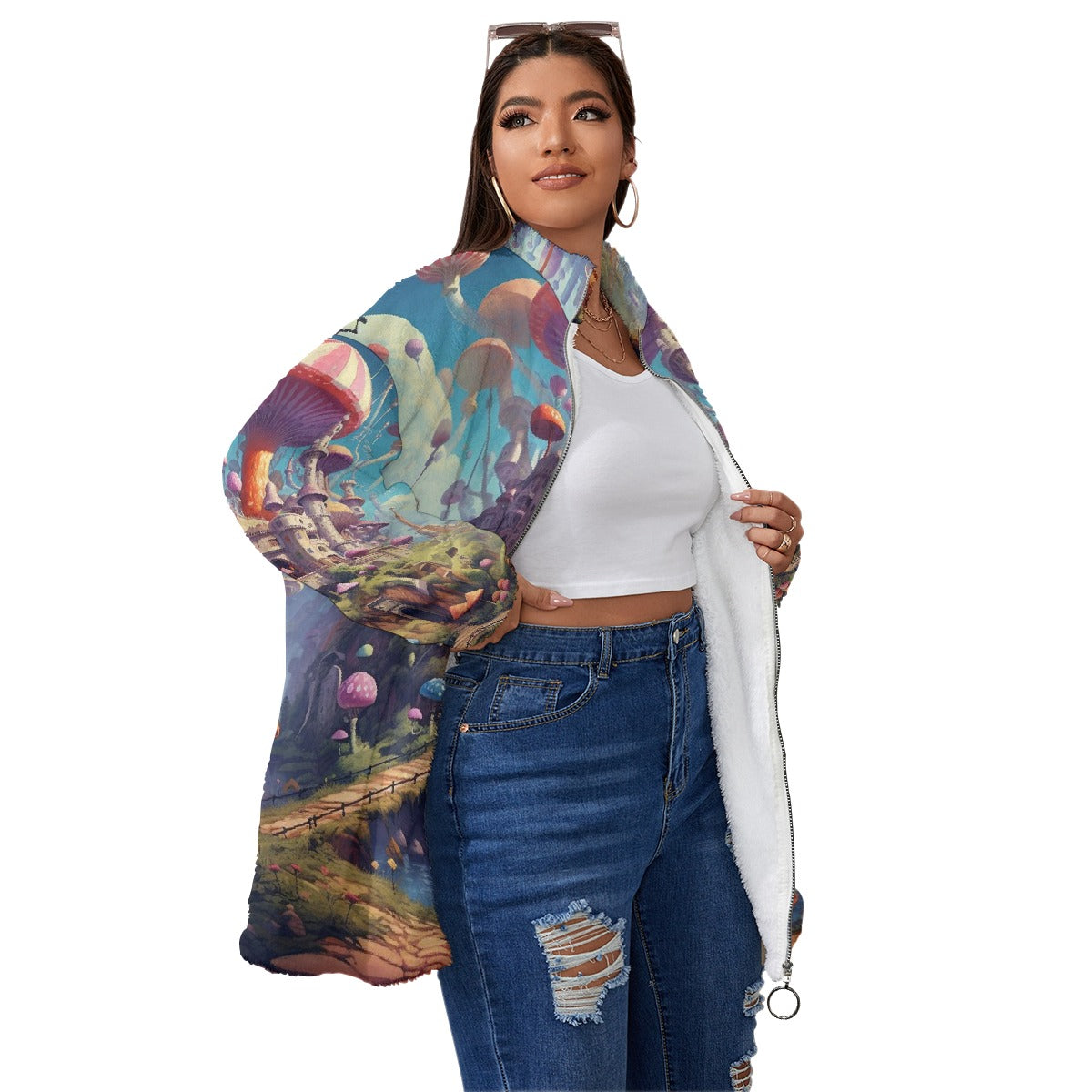 All-Over Print Unisex Borg Fleece Stand-up Collar Coat With Zipper Closure(Plus Size)