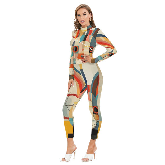 All-Over Print Women's Long-sleeved High-neck Jumpsuit With Zipper