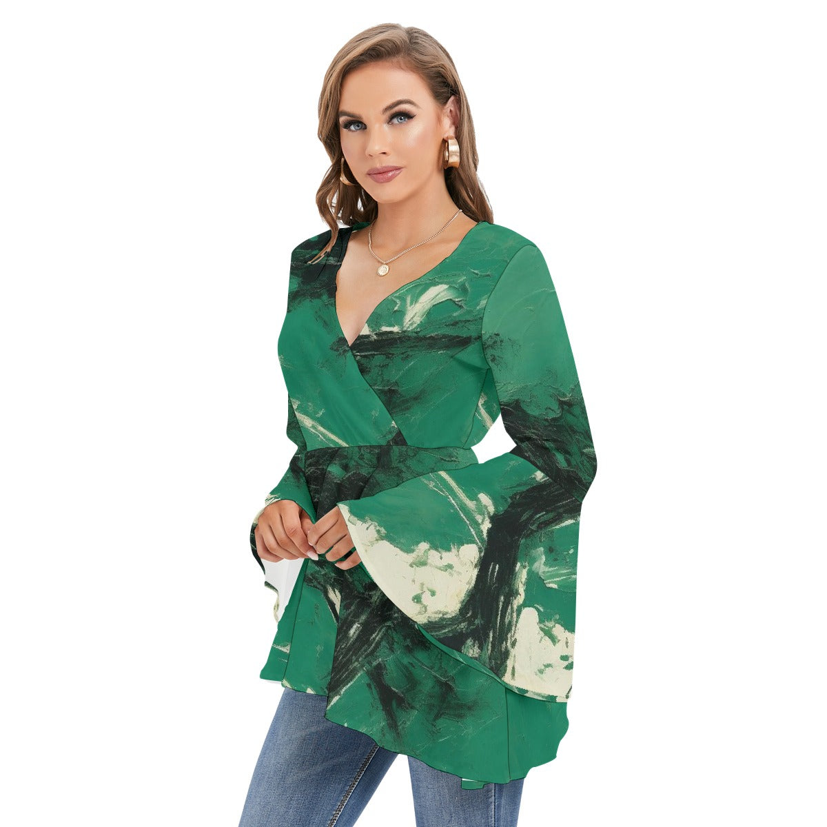 All-Over Print Women's V-neck Blouse With Flared Sleeves