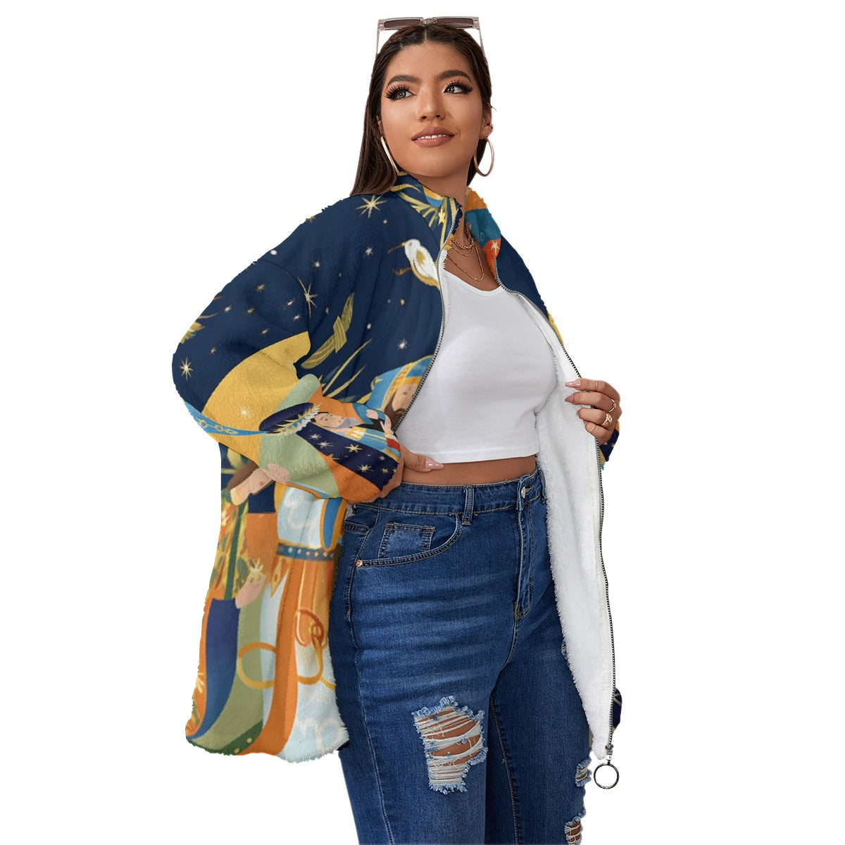 All-Over Print Unisex Borg Fleece Stand-up Collar Coat With Zipper Closure(Plus Size)