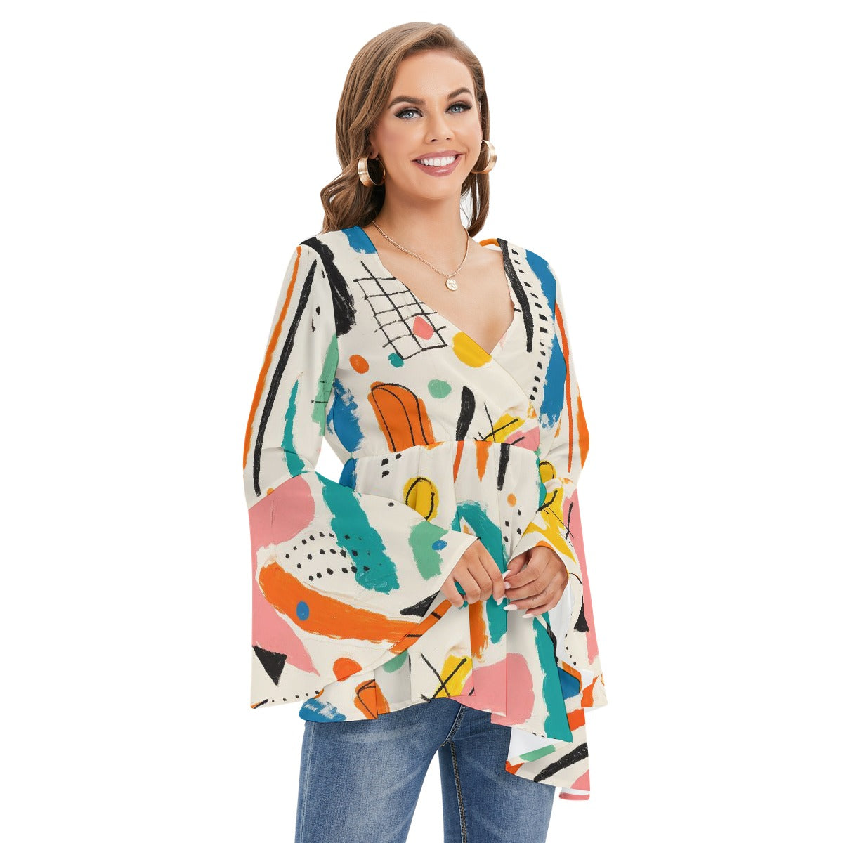 All-Over Print Women's V-neck Blouse With Flared Sleeves