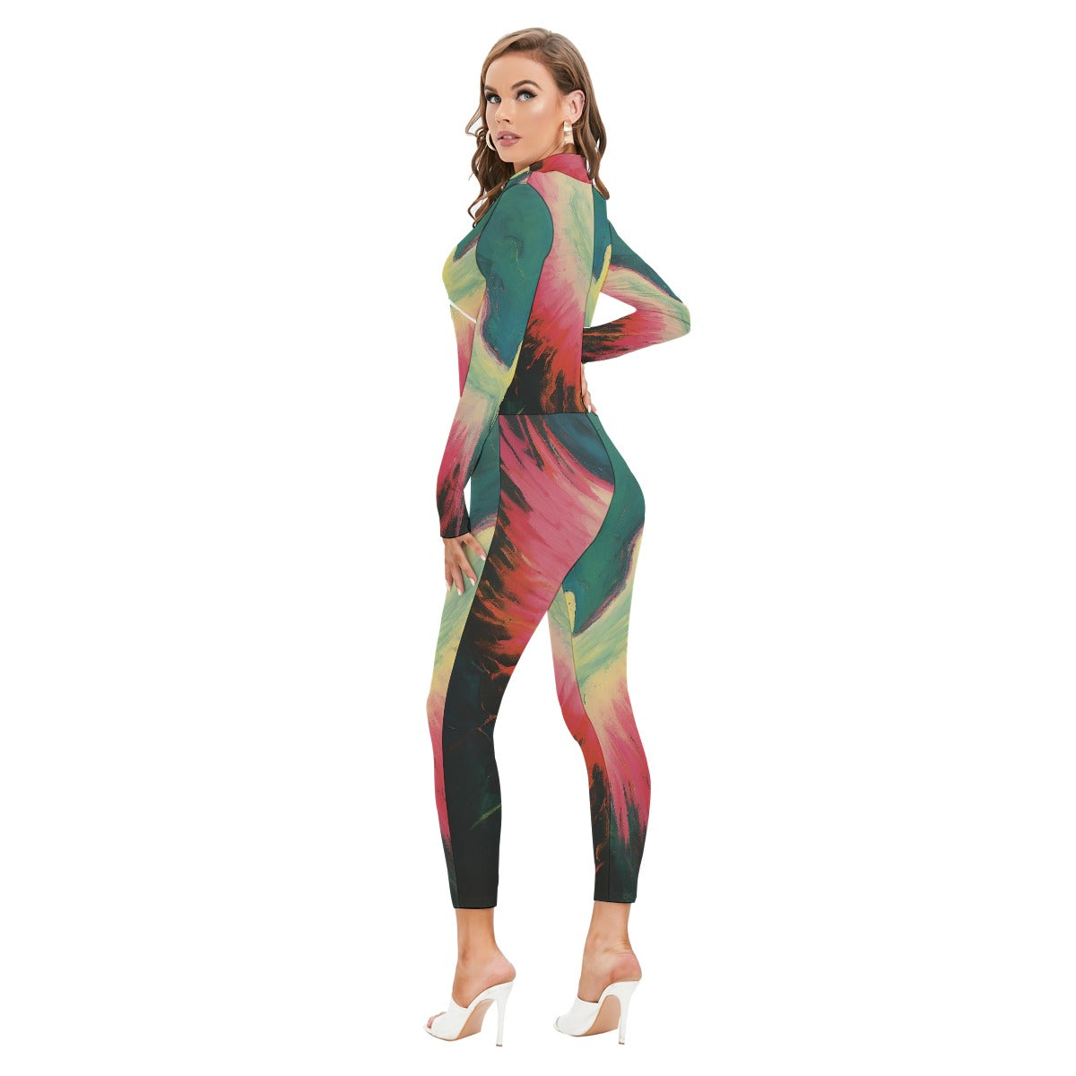 All-Over Print Women's Long-sleeved High-neck Jumpsuit With Zipper