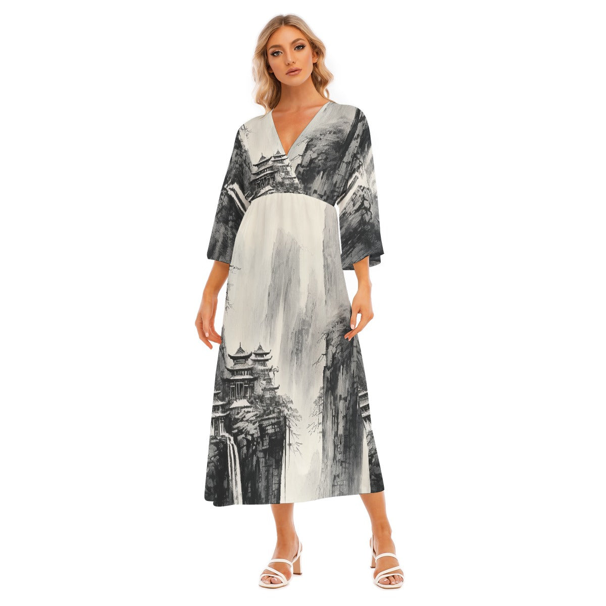 All-Over Print Women's Mid-Sleeve Long Dress
