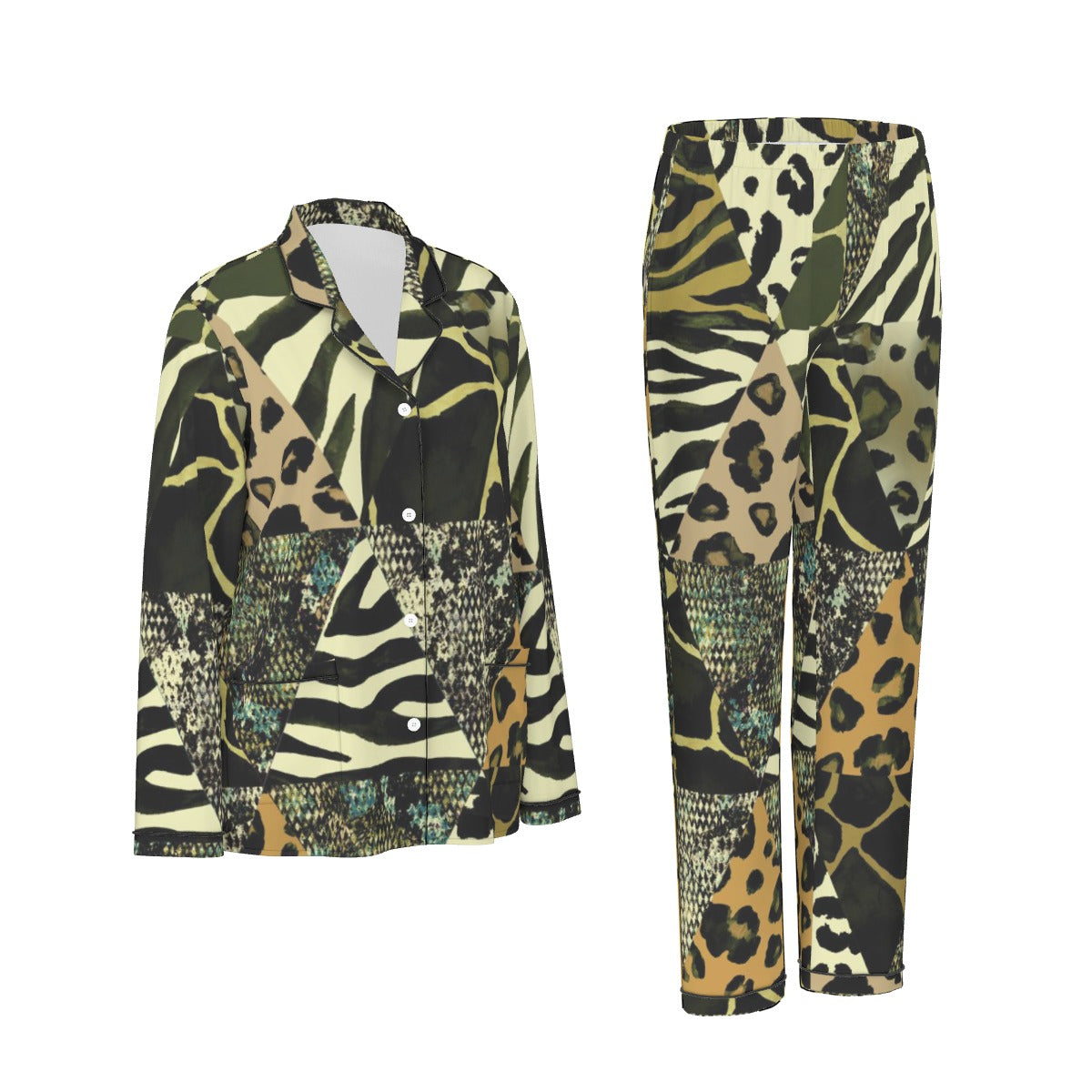 All-Over Print Women's Long Sleeve Pajama Set With Black Contrast Piping
