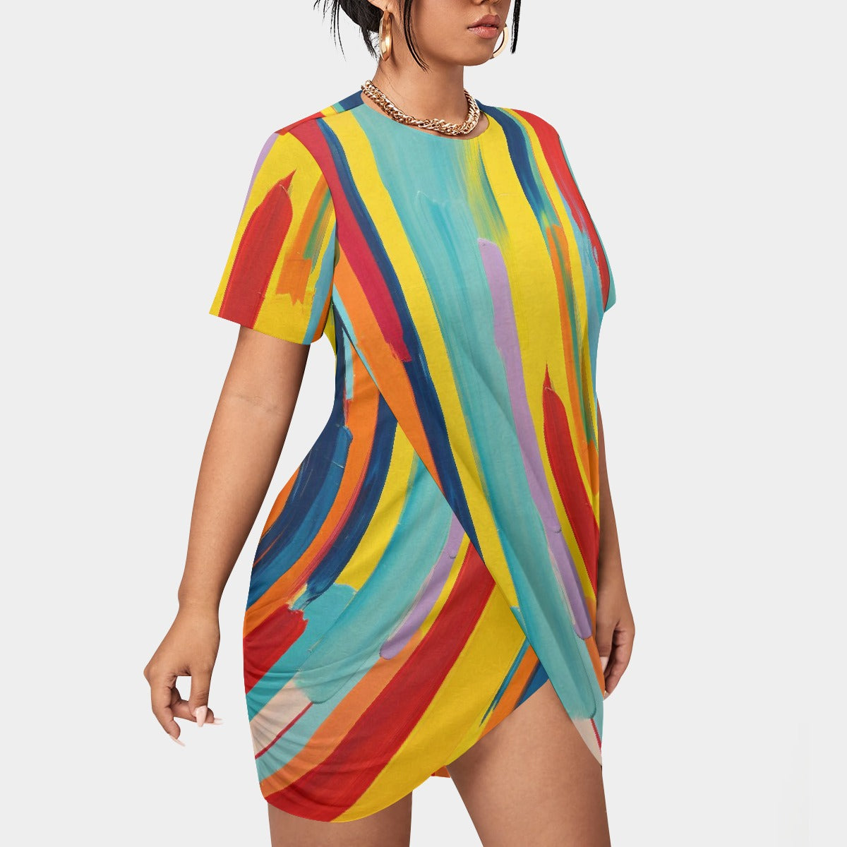 All-Over Print Women’s Stacked Hem Dress With Short Sleeve（Plus Size）