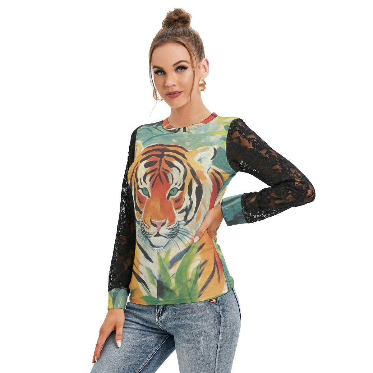 All-Over Print Women's T-shirt And Sleeve With Black Lace