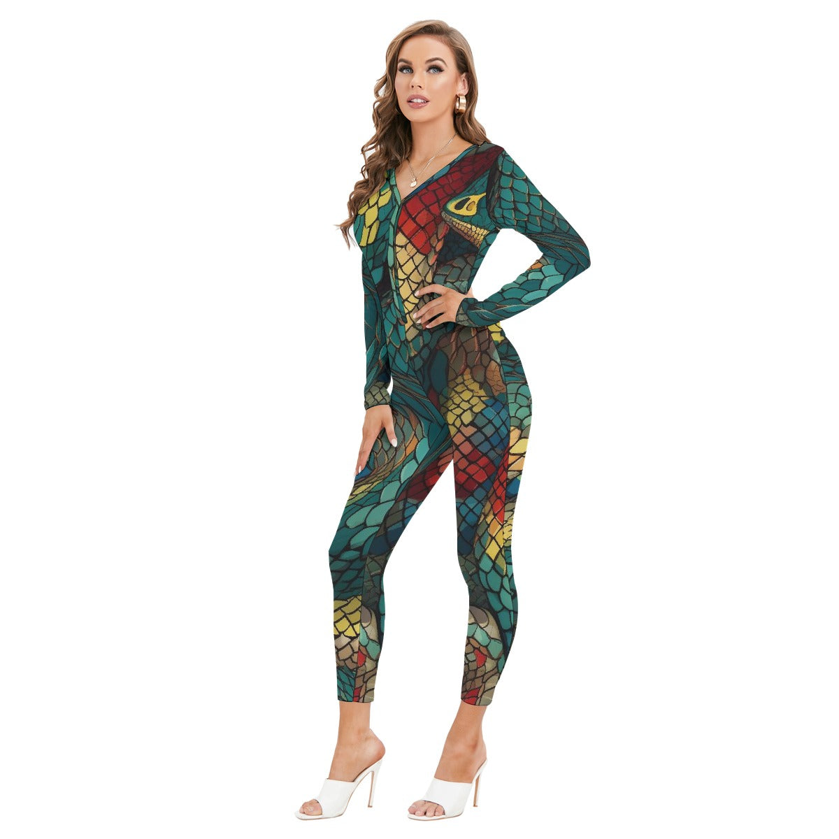 All-Over Print Women's Plunging Neck Jumpsuit