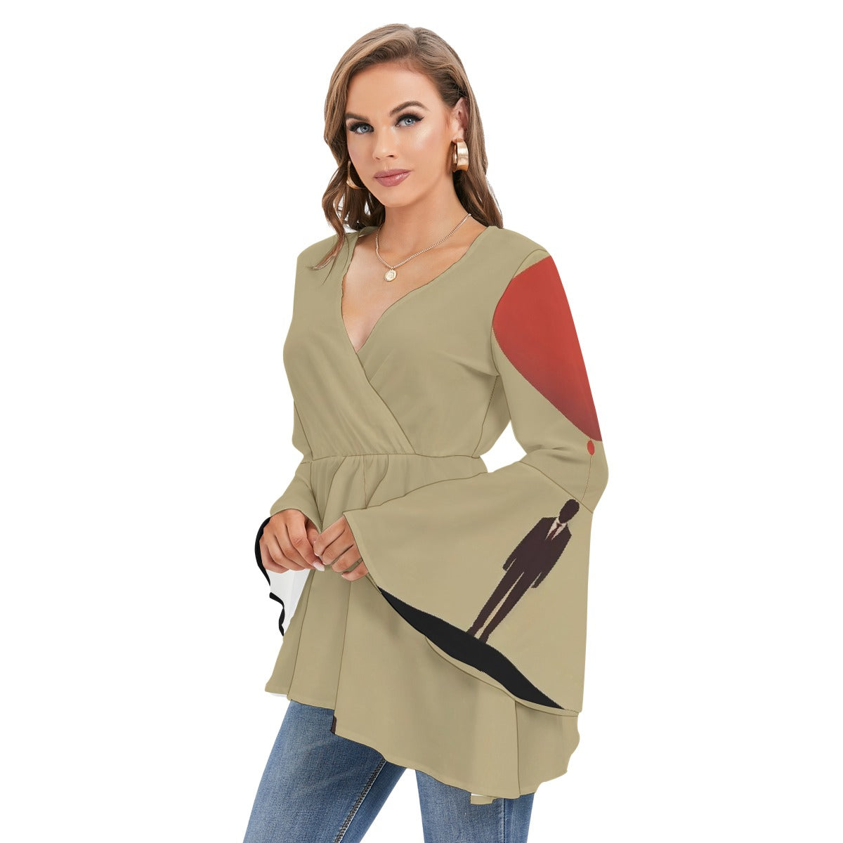 All-Over Print Women's V-neck Blouse With Flared Sleeves