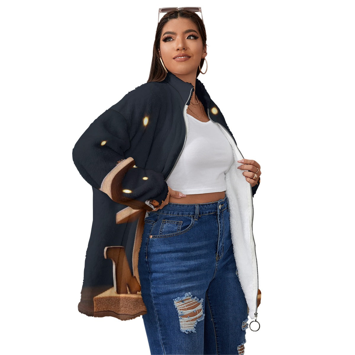 All-Over Print Unisex Borg Fleece Stand-up Collar Coat With Zipper Closure(Plus Size)