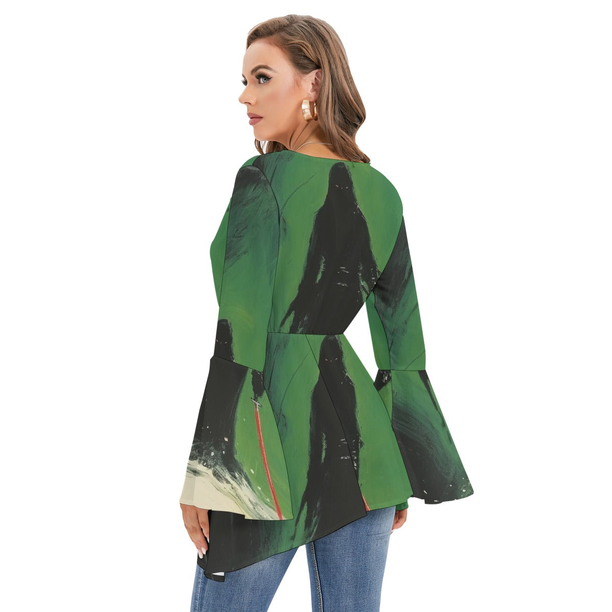 All-Over Print Women's V-neck Blouse With Flared Sleeves