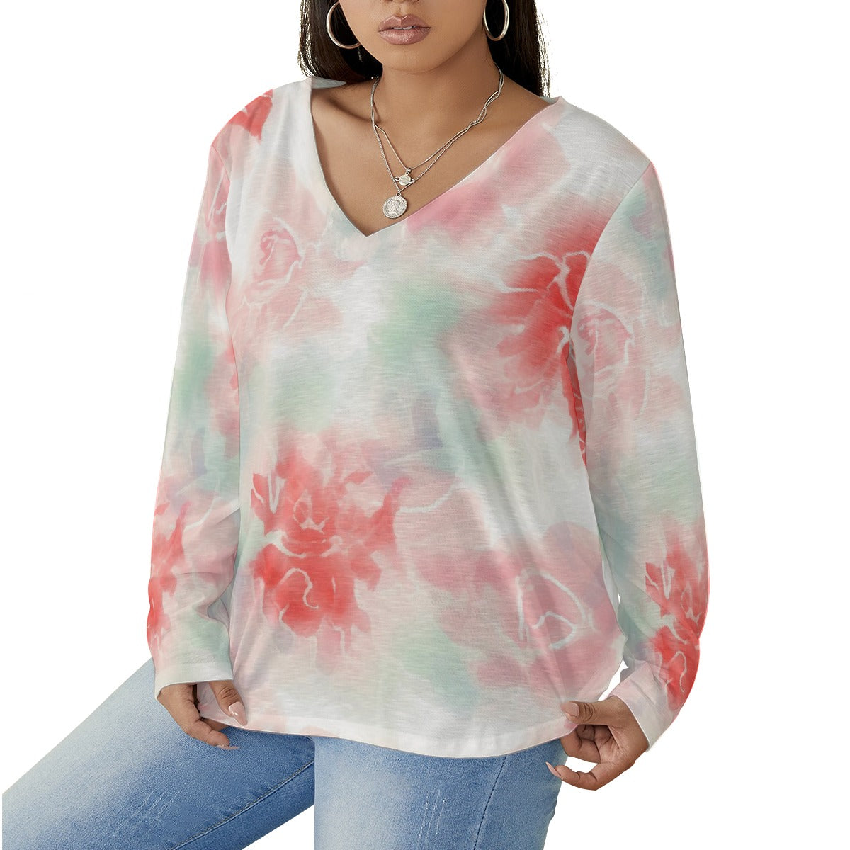 All-Over Print Women's V-neck T-shirt With Curved Hem(Plus Size)