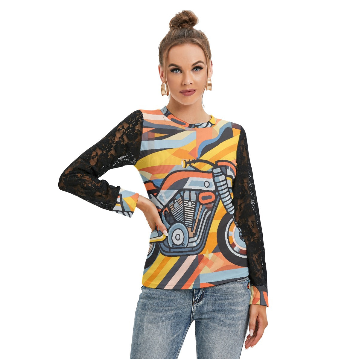 All-Over Print Women's T-shirt And Sleeve With Black Lace