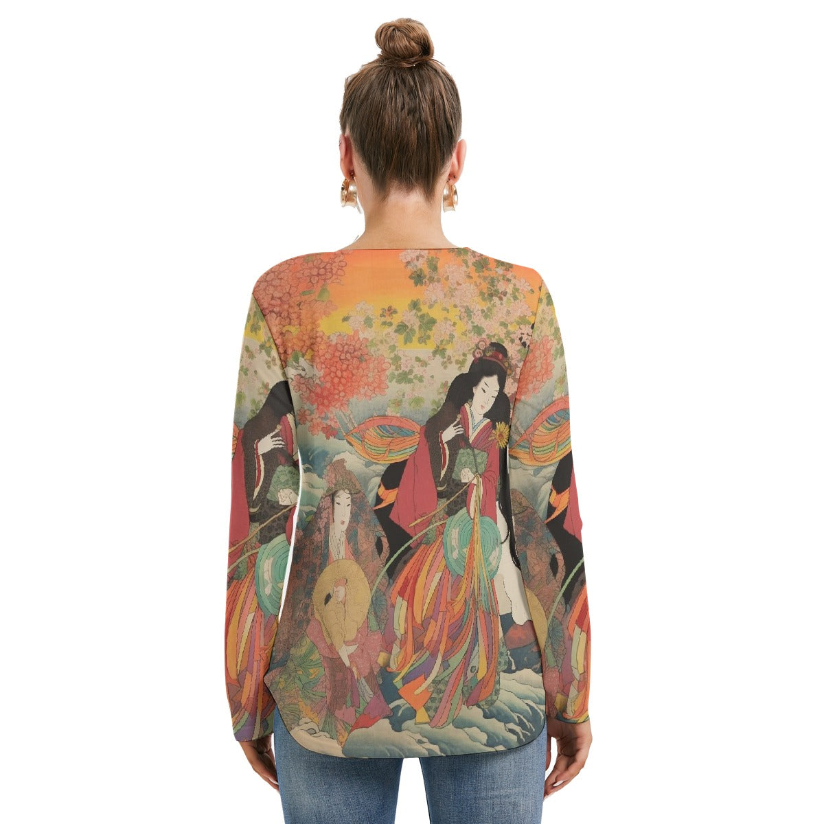 All-Over Print Women's Long Sleeve Neckline Tie Sweatshirt