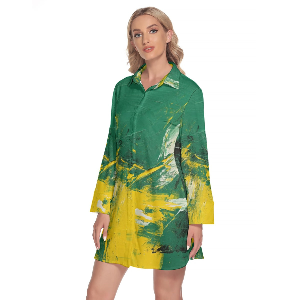 All-Over Print Women's Lapel Shirt Dress With Long Sleeve