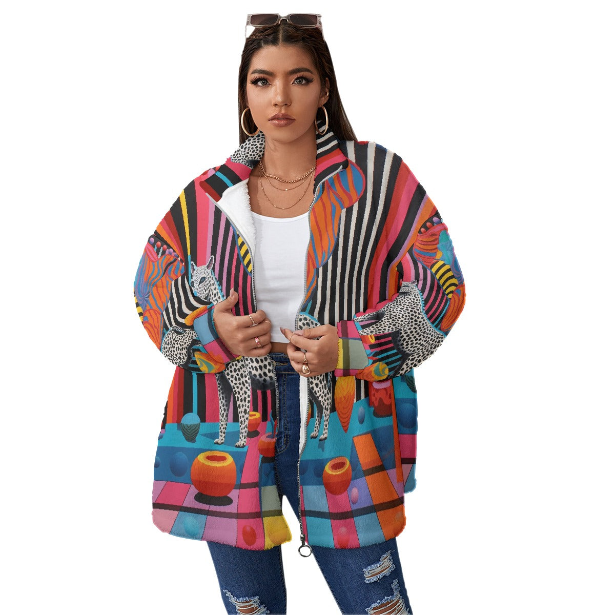 All-Over Print Unisex Borg Fleece Stand-up Collar Coat With Zipper Closure(Plus Size)