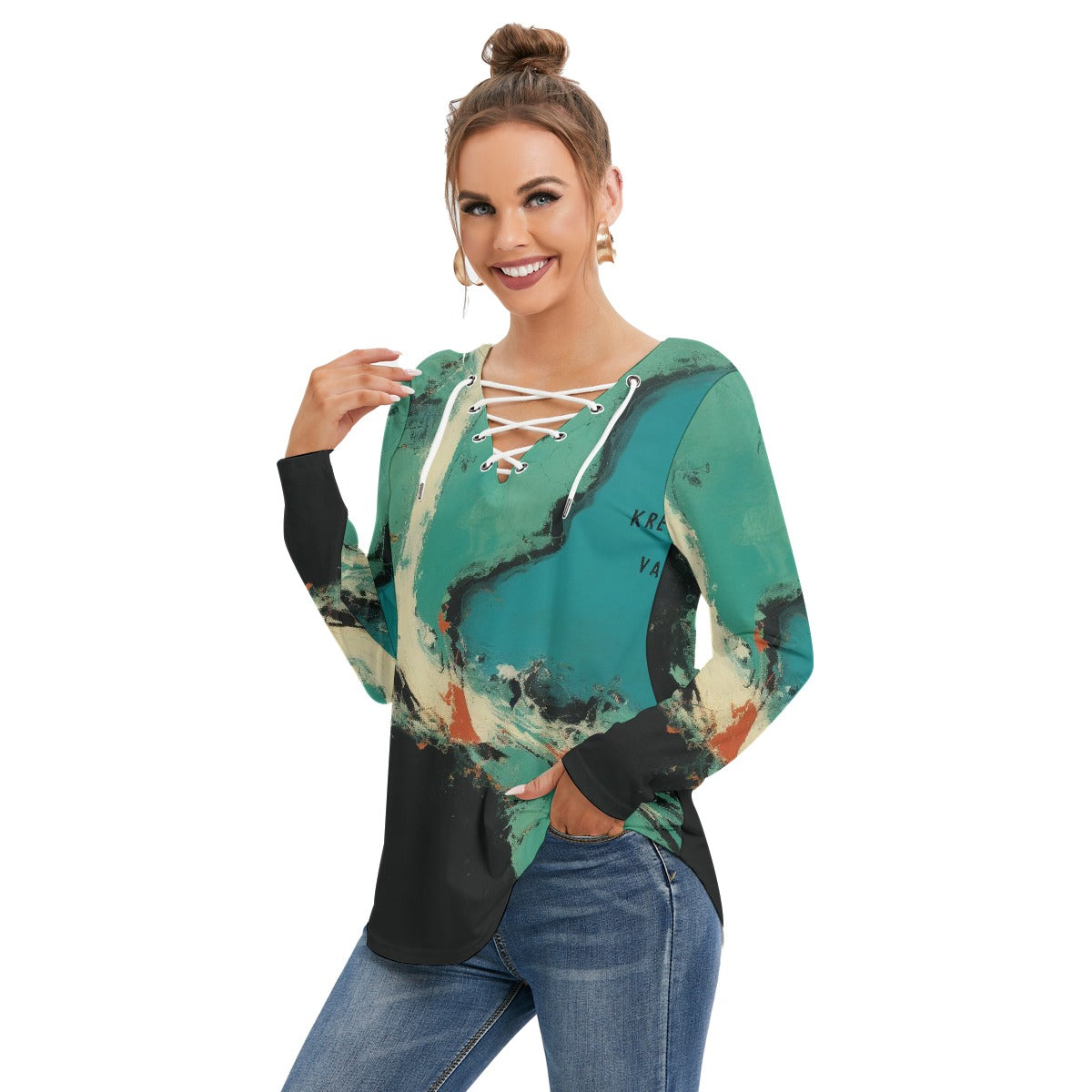 All-Over Print Women's Long Sleeve Neckline Tie Sweatshirt