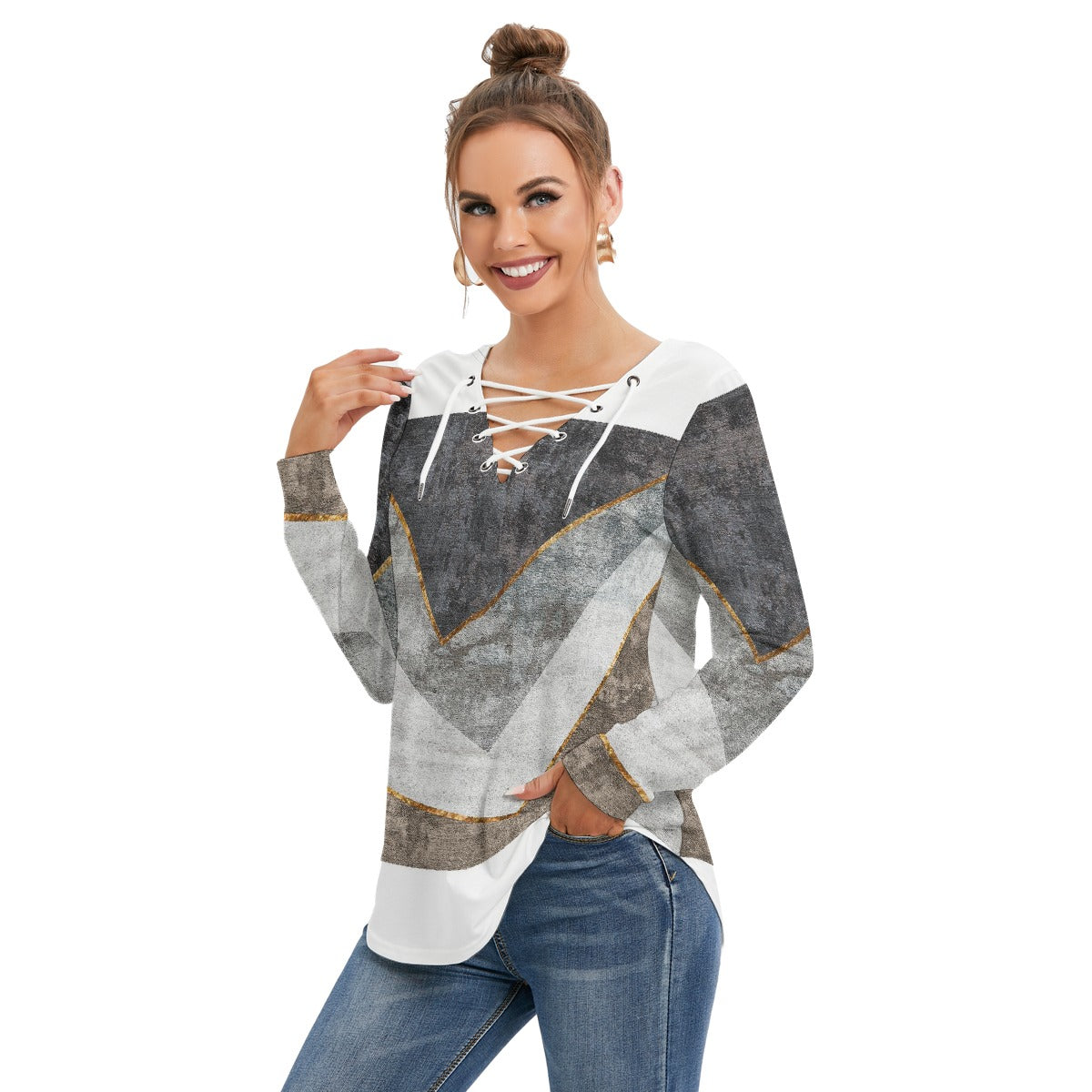 All-Over Print Women's Long Sleeve Neckline Tie Sweatshirt