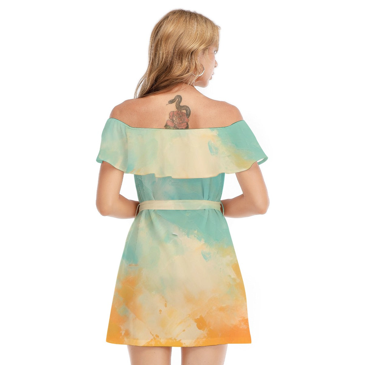 All-Over Print Women's Off-shoulder Dress With Ruffle