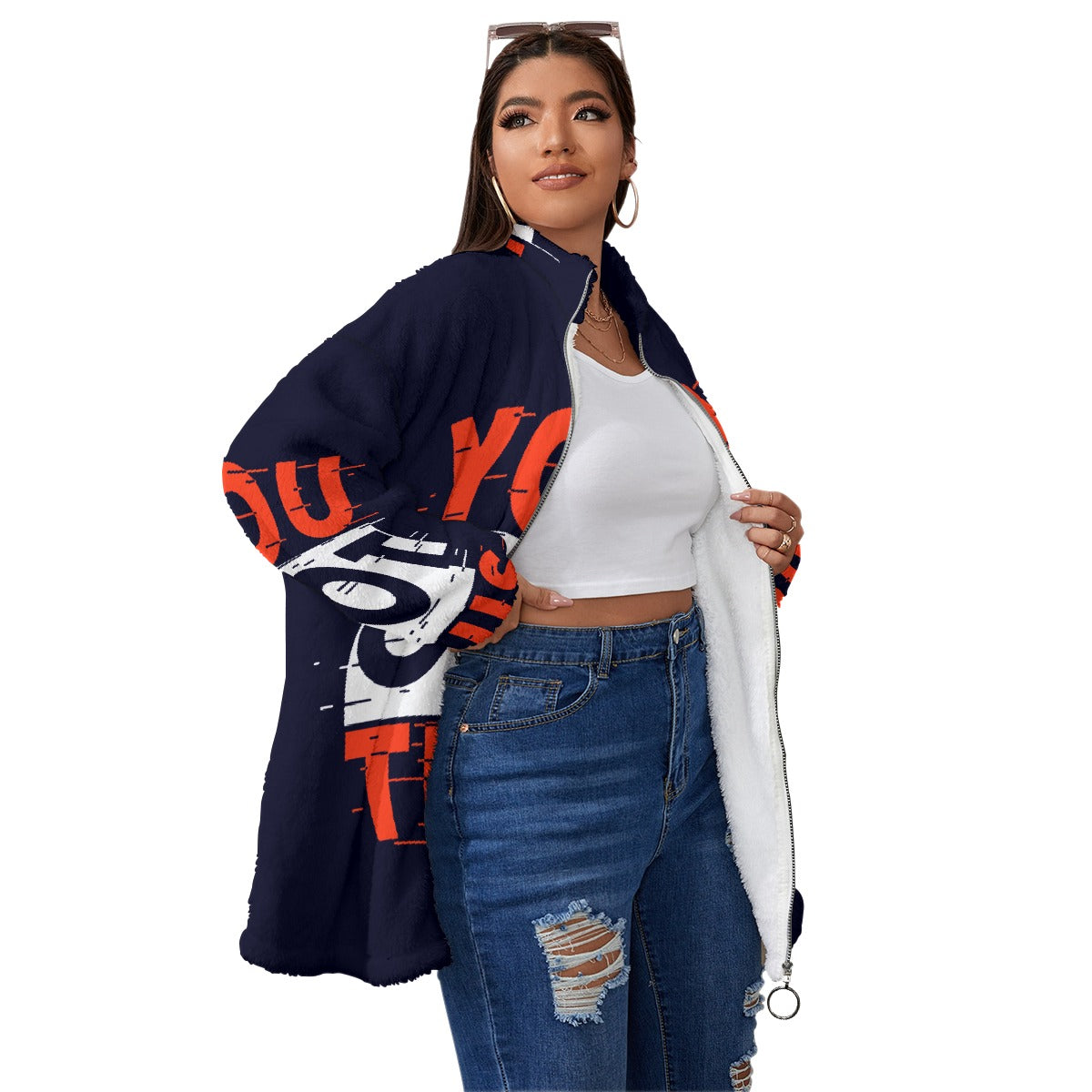 All-Over Print Unisex Borg Fleece Stand-up Collar Coat With Zipper Closure(Plus Size)