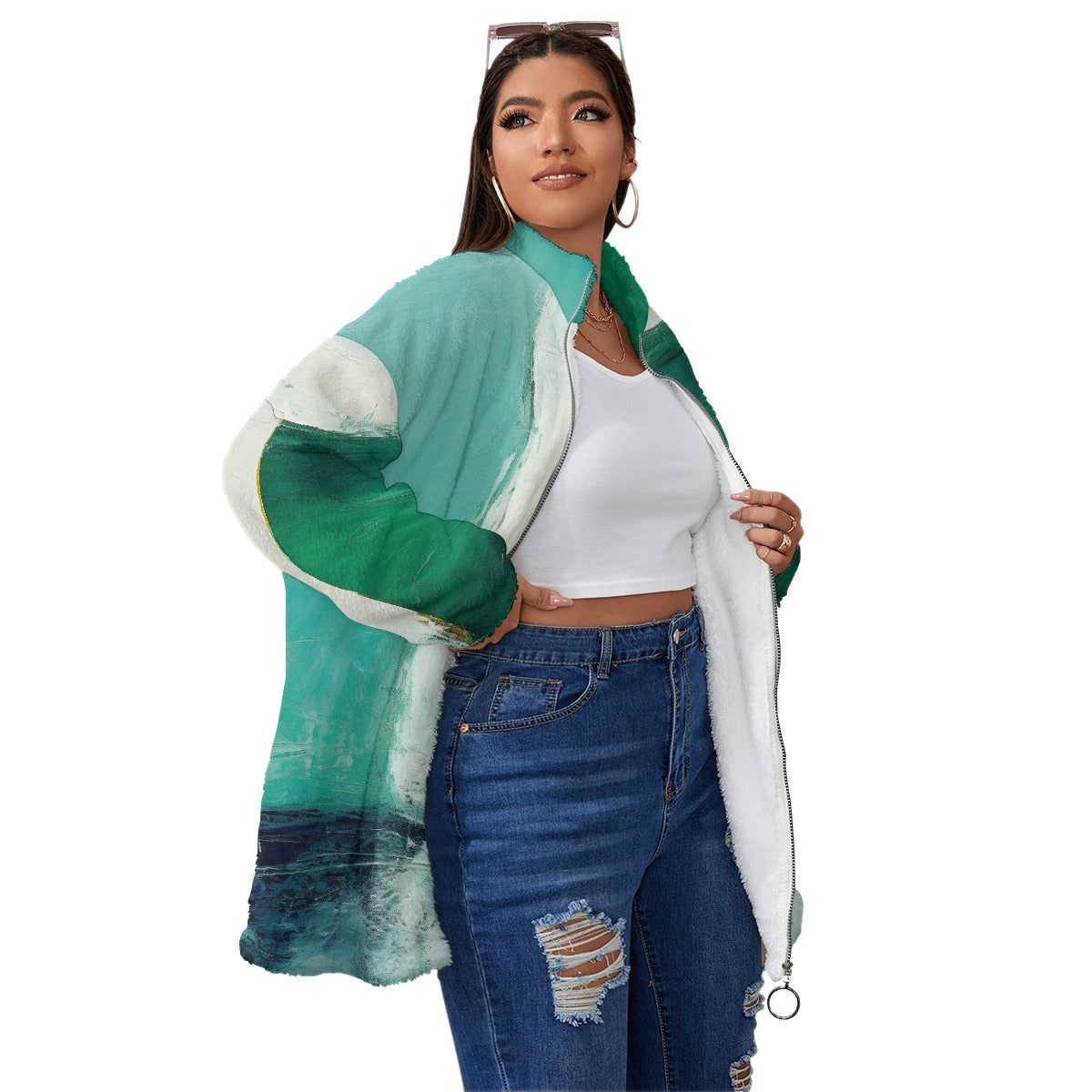 All-Over Print Unisex Borg Fleece Stand-up Collar Coat With Zipper Closure(Plus Size)