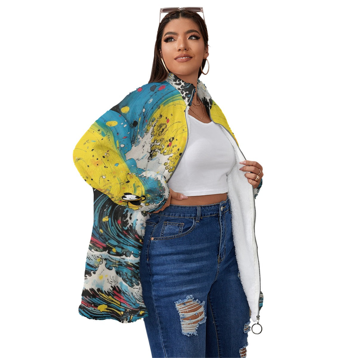 All-Over Print Unisex Borg Fleece Stand-up Collar Coat With Zipper Closure(Plus Size)