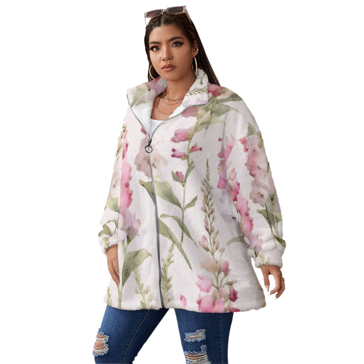 All-Over Print Unisex Borg Fleece Stand-up Collar Coat With Zipper Closure(Plus Size)