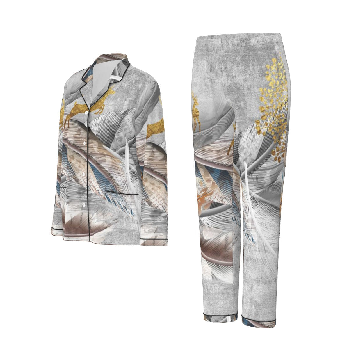 All-Over Print Women's Long Sleeve Pajama Set With Black Contrast Piping