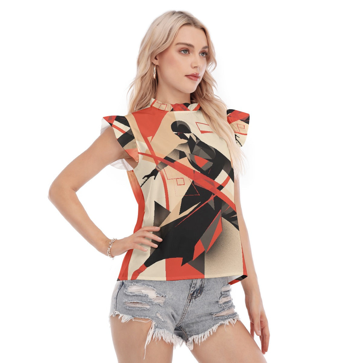 All-Over Print Women's Blouse With Ruffle Collar And Sleeve