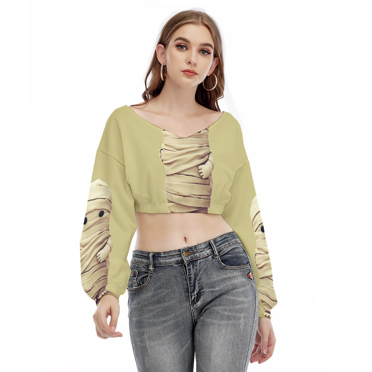 All-Over Print Women's V-neck Long Sleeve Cropped Sweatshirt
