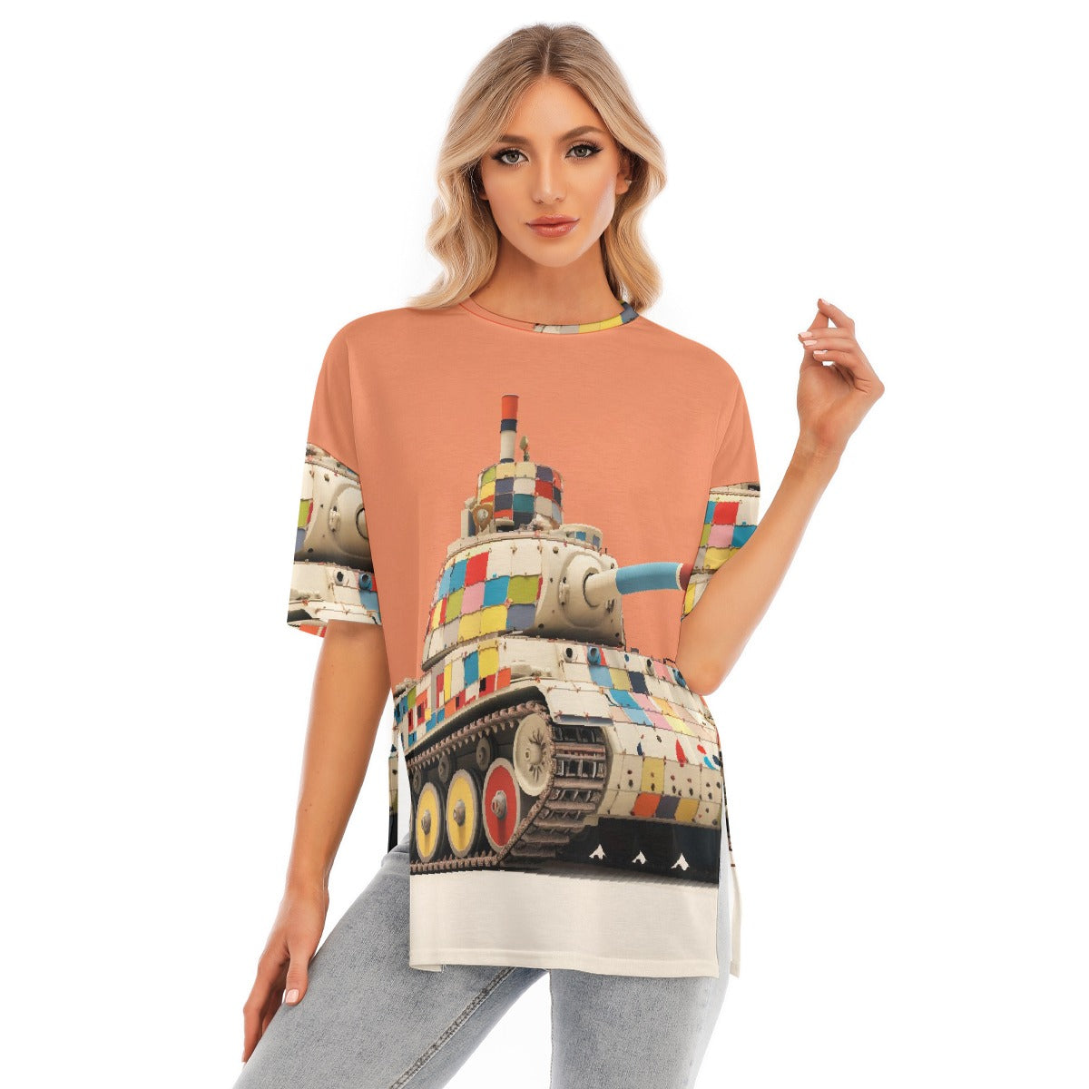 All-Over Print Women's Short Sleeves T-shirt With Hem Split