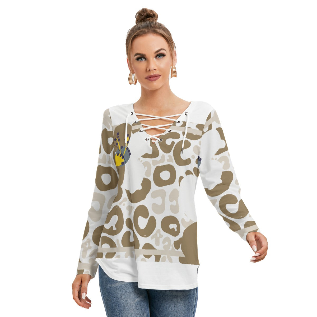 All-Over Print Women's Long Sleeve Neckline Tie Sweatshirt