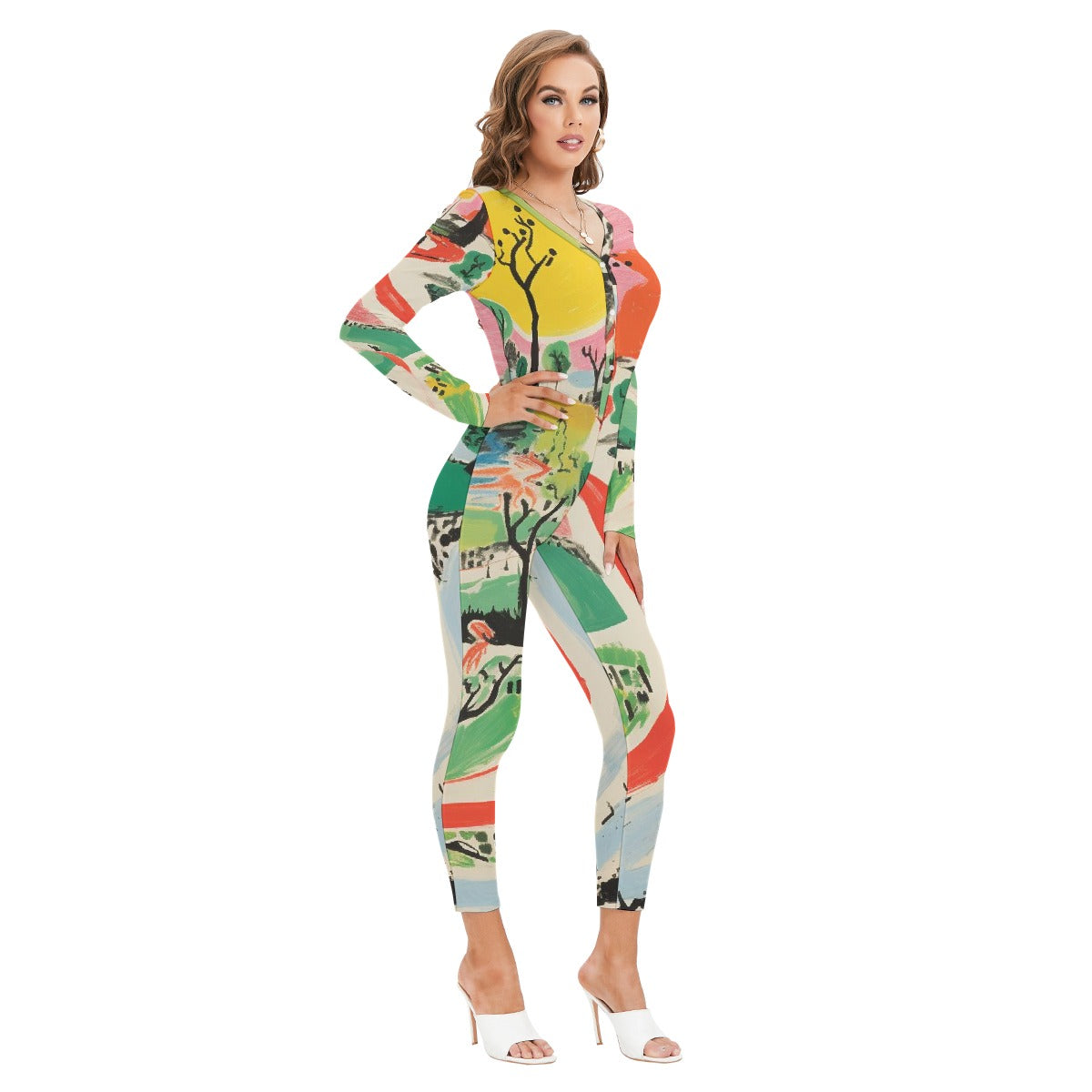 All-Over Print Women's Plunging Neck Jumpsuit